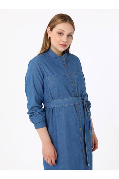 ALİA Rochie Hijab din denim cu nasturi lungi din material natural marime mare - Albastru deschis - Alia