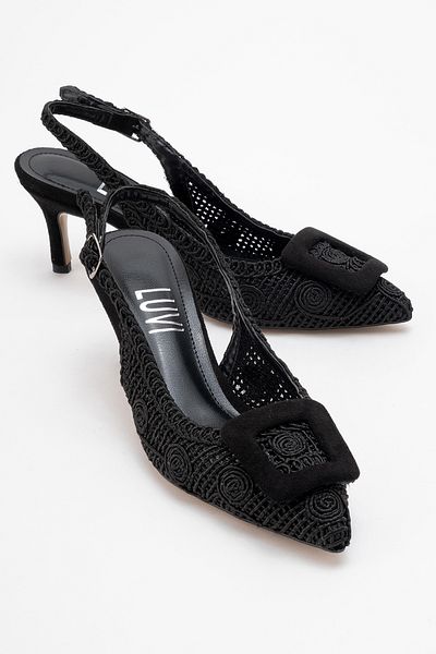 LuviShoes Ensley Black Knitted Buckle Open Back Women's Heeled Shoes