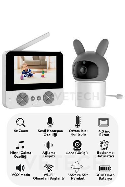 Invıcta Akıllı Bebek Kamerası 4.3inc Ekran Hareketli Dönebilen Takip,Ses Alma ve Verme,4x Zoom,2x İnterkom