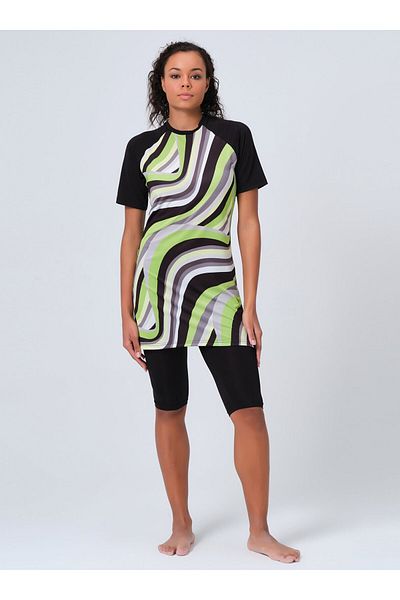 ALFASA Patterned Raglan Half Sleeve Semi-Closed Swimsuit - Black - Alfasa