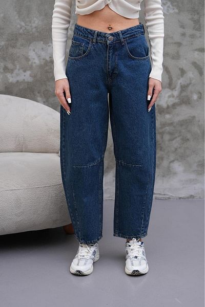 Tarz Cool Mom Jean High Waist Loose Cut Leg Pleated Stretchy Denim Trousers Navy Blue