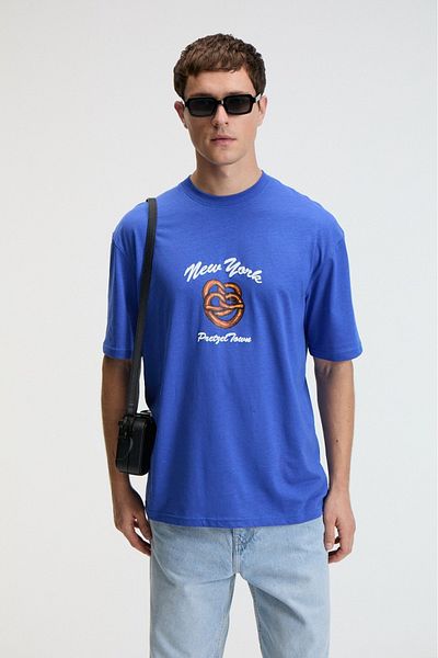 GRIMELANGE Crisp Men's Oversize 100% Cotton Printed Round Neck Saks Blue T-Shirt