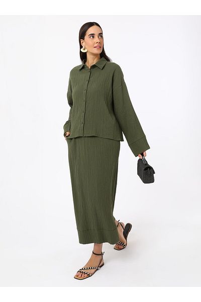 Benin Cotton Muslin Fabric Shirt & Skirt Double Set - Khaki - Benin