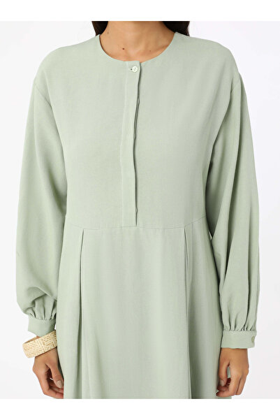 Benin Linen Blended Hijab Dress with Front Button Detail - Nile Green -