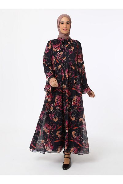 Refka Φόρεμα Hijab Chiffon με σχέδια λουλουδιών - Μαύρο - Ροζ μοτίβο - Refka