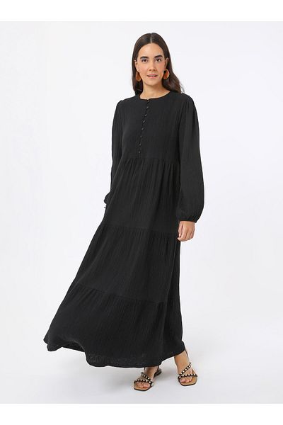 Benin Rochie hijab din muselina de bumbac cu detaliu volan - Negru - Benin