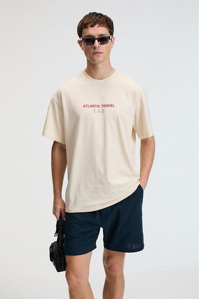 GRIMELANGE Crunch Men's Oversize 100% Cotton Printed Round Neck Vanilla T-Shirt
