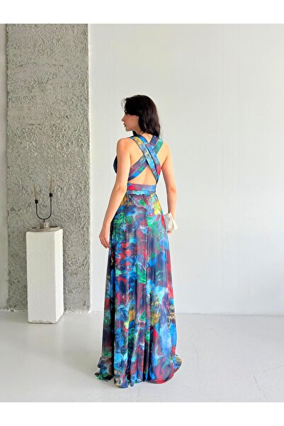 Serica Moda Βραδινό φόρεμα Maxi Chiffon με μπλε μοτίβο με δεμένο σχισμή λεπτομέρεια