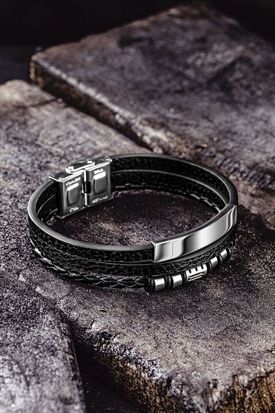 OSMANLI GÜMÜŞ Men's Leather Bracelet - Men's Leather Bracelet with Name Written Stainless Steel Leather Cord Model 2