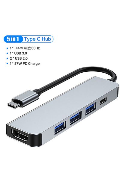 Kebidumei 5-in-1 HDMI USB C HUB 4K 30Hz Type C to HDMI-compatible PD 87W USB Splitter USB Adapter For Macbook
