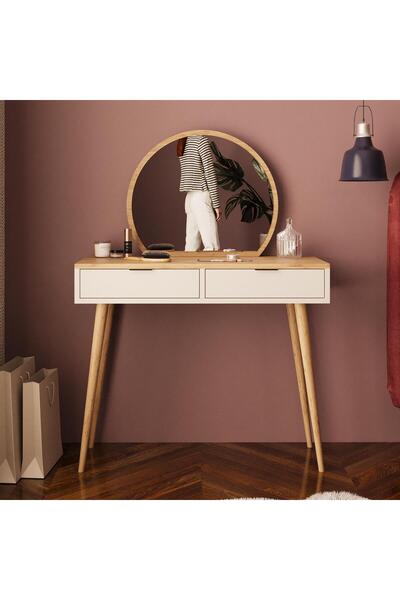Bimossa A1060 Lucy Makyaj Masası 90 Cm - Sepet-kumtaşı, Aynalı Yatak Odası Makyaj Masası Takı Düzenleyici