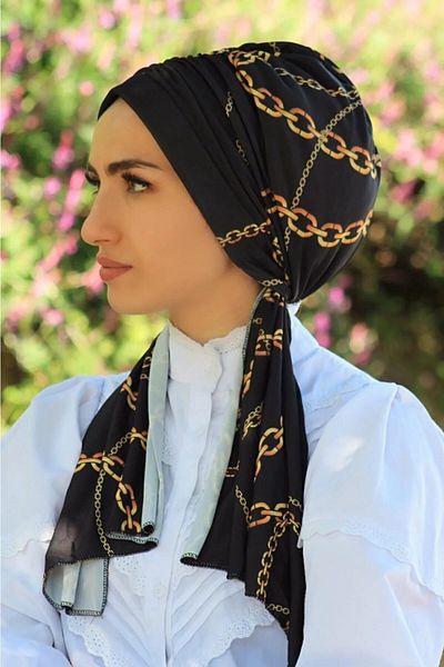 Nilbutik Black Chain Patterned Design Bonnet