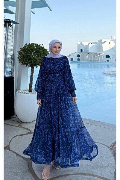 Armalia Flora Desenli Şifon Elbise – Lacivert