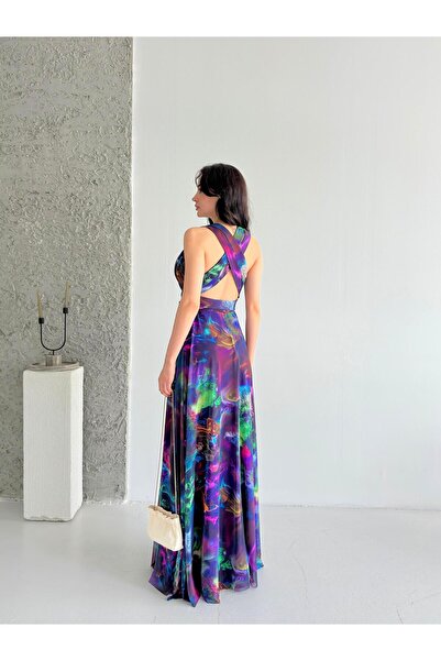 Serica Moda Mor Desenli Bağlamalı Yırtmaç Detaylı Maxi Şifon Abiye