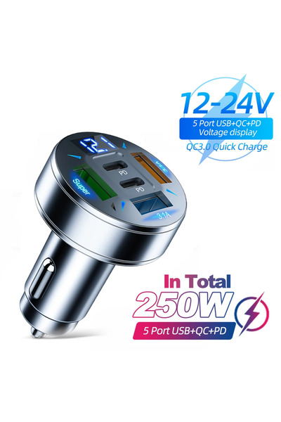 Choice1 شاحن سيارة 5 منافذ 250 وات 66-250 وات شحن سريع محول ولاعة سجائر 2-6 م...