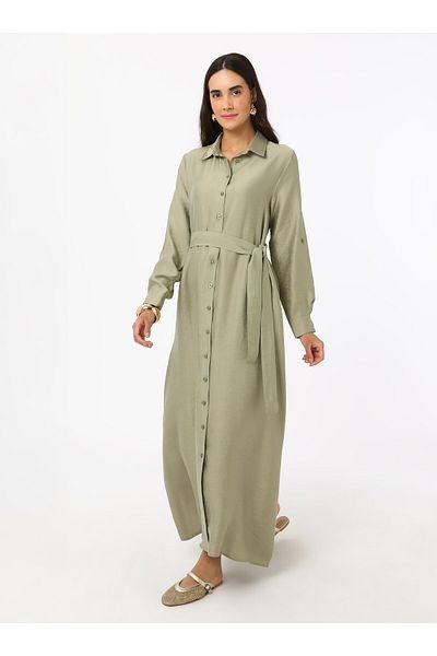 Refka Full Button Detailed Natural Fabric Hijab Dress - Kuf Green - Refka