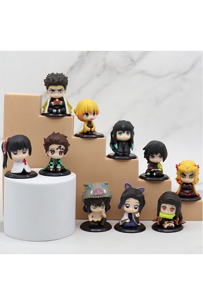 BANDAI 10Pcs Demon Slayer Figure Toy Anime Kimetsu no Yaiba Q Version Sitting Tanjiro Nidouzi Inosuke Zeniz