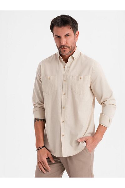 OMBRE Herren Leinenhemd mit klassischem Kragen und Taschen REGULAR FIT - creme V3 OM-SHCS-0134 XXL