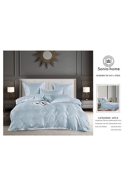 Sonia-home 6-piece satin cotton bedding set – Sonia Home Damascus Bleu Ciel Damascus