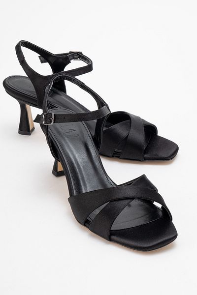 LuviShoes Pantofi cu toc pentru femei MELIN din satin negru cu bretele încrucișate