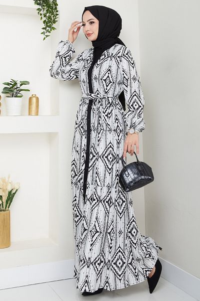InStyle Ebruli Geometric Pattern Black Viscose Dress