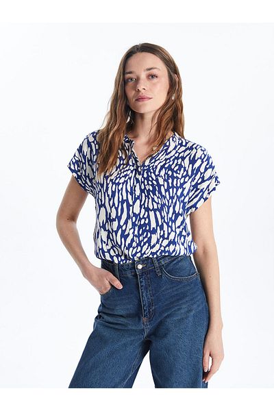 LC Waikiki Navy Blue Scoop Collar Patterned Women's Blouse