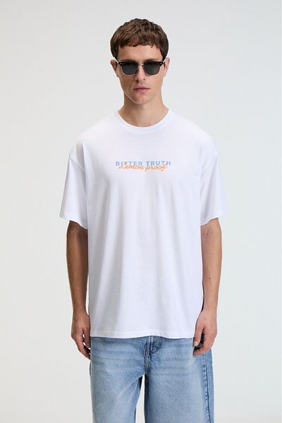 GRIMELANGE Flavor Men's Oversize 100% Cotton Printed Round Neck White T-Shirt