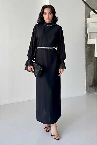 Serica Moda Rochie de seară cu mâneci balon cu centură de piatră neagră