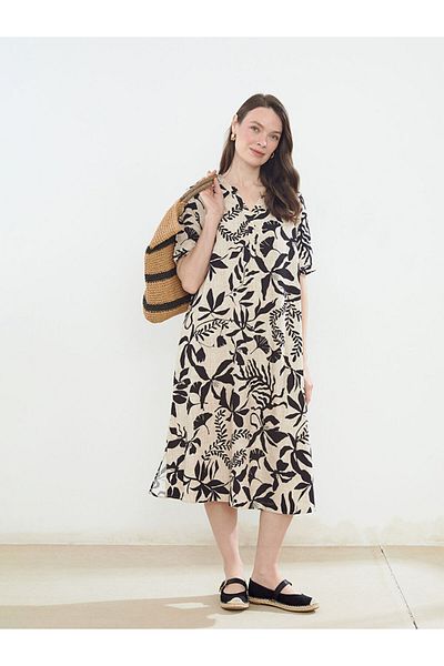 LC Waikiki New Season Women's Floral Linen Blend Dress with Flared Collar - S5En00Z8