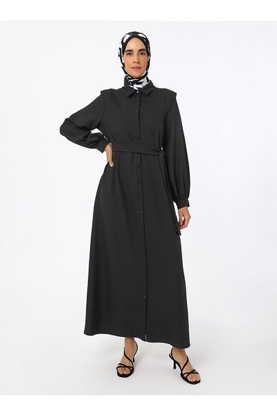 Refka Lace-Up Detailed Crepe Fabric Hijab Dress - Black - Refka