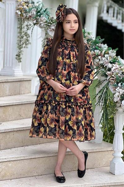 Riccotarz Girl's Floral Embroidered Pleated Black Dress with Ruffle Detail at Collar and Shoulders