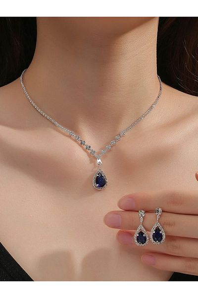 Choice ZT4055-4Blue 3 Wedding Season Women's Fashion Droplet Necklace and Earring Set Banquet Party Accesso