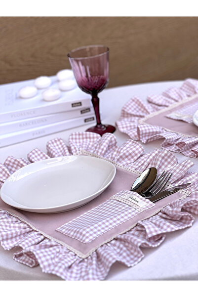 KaiHome Rosy Cepli Ham Keten Kareli Fırfır Detaylı Amerikan Servis/ Supla 4ADET