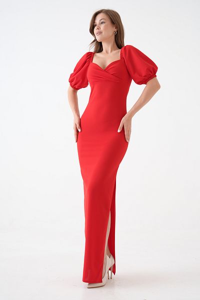 WOMAN VISION Women's Red Crepe Fabric Puff Sleeve Heart Collar Slit Detailed Maxi Dress 582853