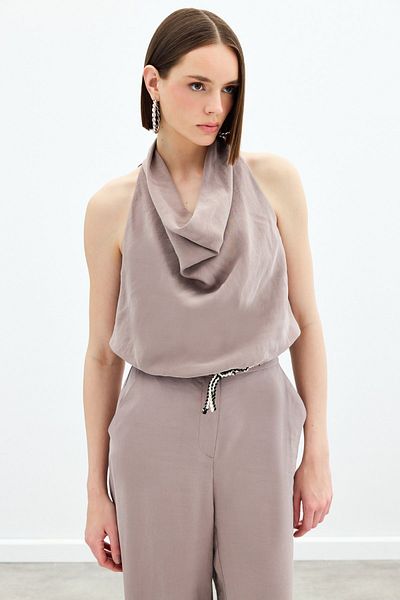 Sateen Degaje Collar Blouse - Mink