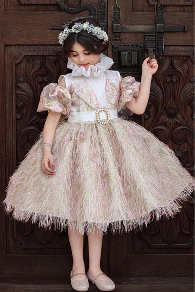 Riccotarz Girls' Clown Collar Off-Shoulder Balloon Sleeve Skirt Crumpled V-Cut Detailed Powder Evening Dress