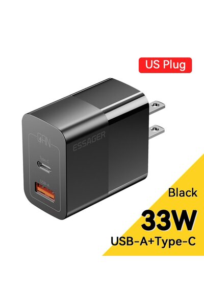 essager شاحن Essager USB C أسود أمريكي 33 واط GaN Type C PD شحن سريع لهاتف iPhone 14 13 12 11 Pro Max XS 8 P