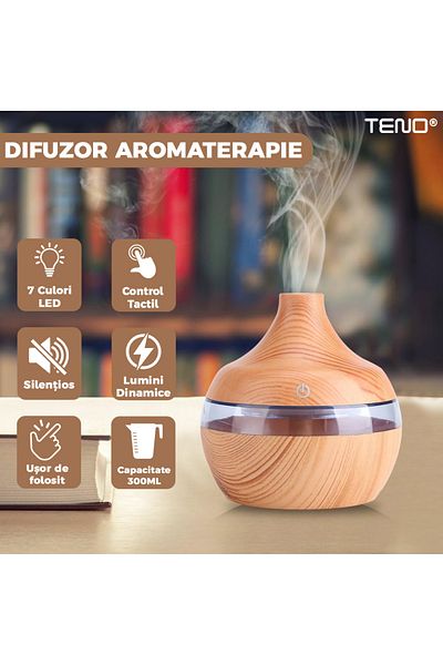 Teno Teno® Aromatherapy Diffuser, 7 LED colors, dynamic lights, 300ml capacity, light oak