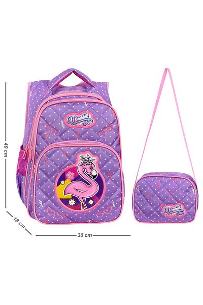 KAFF Lilac Flamingo Patterned Primary School Bag and Nutrition Girl's Set of 2 Primary School Bags - 24004
