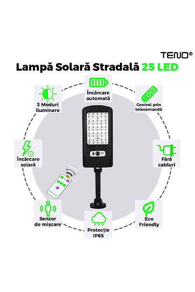 Teno Lampa Solara Stradala 25 LED-uri Teno®, protectie IP65, Waterproof, exterior, negru