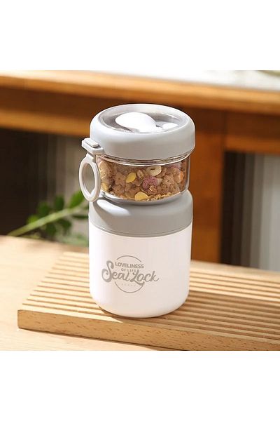 Choice 2 White Double Layer Salad Cup Oatmeal Soup Cups with Spoon Stainless Steel Porridge Bowl Portable O