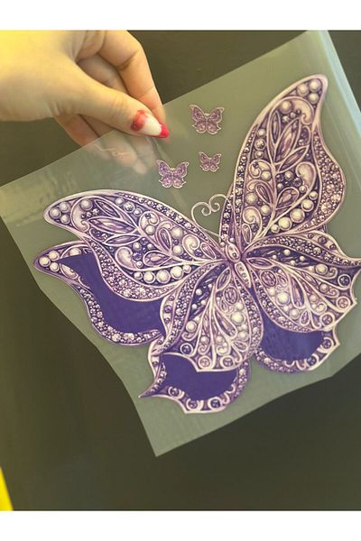 Gönülden Tasarım IMPRIMARE DE TRANSFER DE FLUTURI ETNIC 3D CARE SE ADES FĂRĂ FIER ARMĂ 20X19 CM Violet
