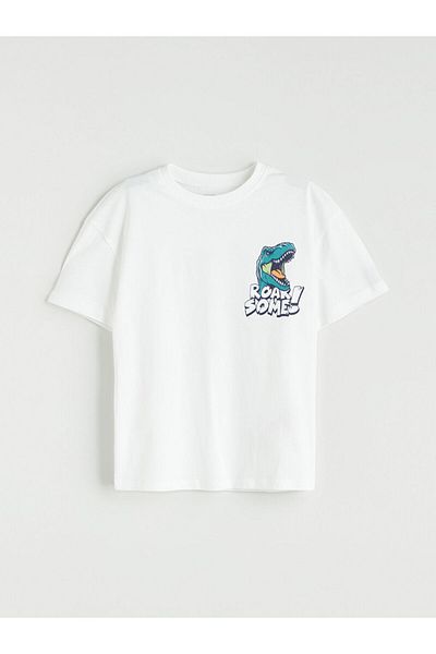LC Waikiki Ecru Dinosaur Printed Boy's T-Shirt