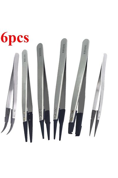 Choice 6pcs 5PC Watch Hands Installation Work Tweezers Straight Elbow Handle Stainless Antistatic Plastic T