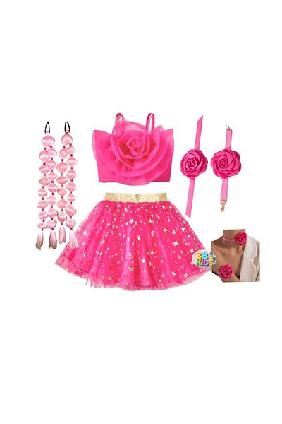 3b kids Pink Skirt Tutu Skirt Pink Rose Top Bustier Pink Bubble Hair Pink Rose Necklace Bracelet Set