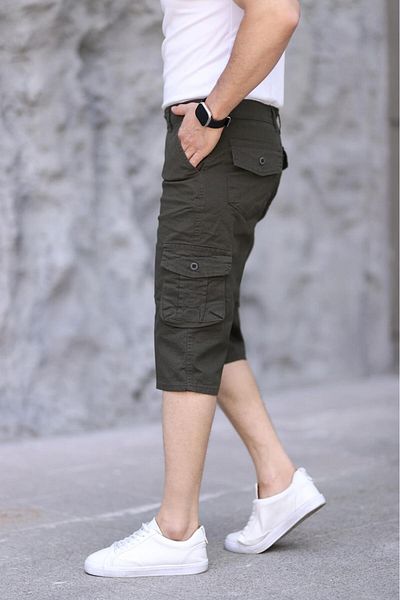 XORVİO Men's Khaki Slim Fit Capri Lycra Gabardine Bermuda with Side Pockets Below the Knee
