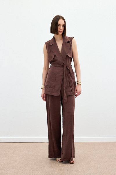 Sateen Belted Long Vest - Brown