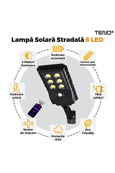 Teno Lampa Solara Stradala 6 LED-uri Teno®, tip bec, protectie IP65, Waterproof, exterior, negru