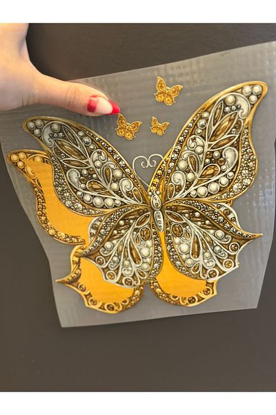 Gönülden Tasarım IMPRIMARE DE TRANSFER DE FLUTURI ETNIC 3D CARE SE ADES LA FIER DE FIER 20X19 CM MUSTARD