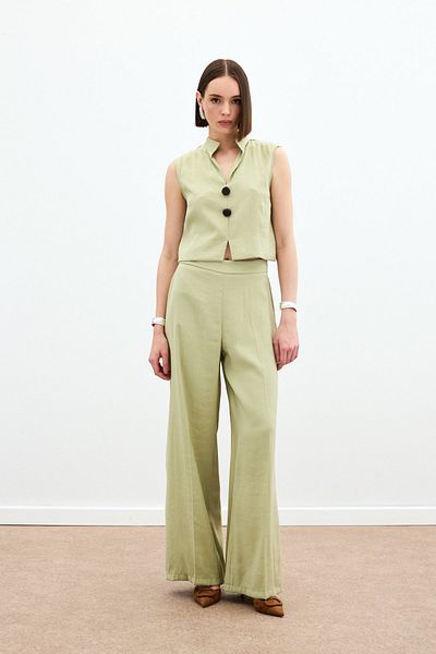 Sateen High Waist Linen Trousers - Oil Green